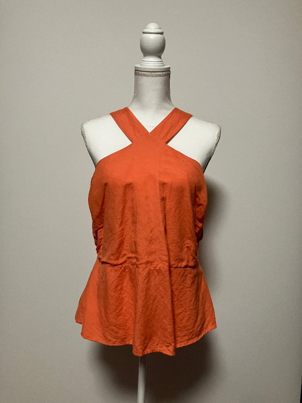 Ann Taylor Factory Orange Linen Criss Cross Halter Peplum Top Blouse, Size 14